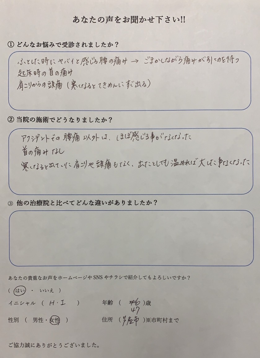 腰・首・肩の痛み　40代　芦屋市　女性