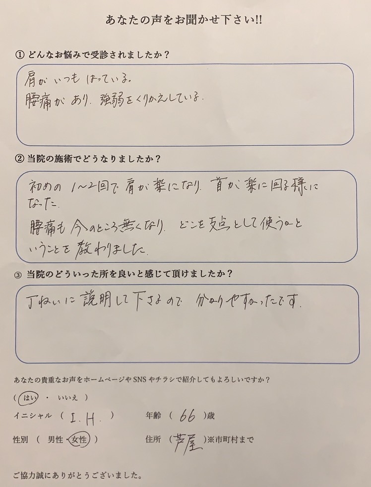 肩の張りと腰痛　60代　芦屋市　女性