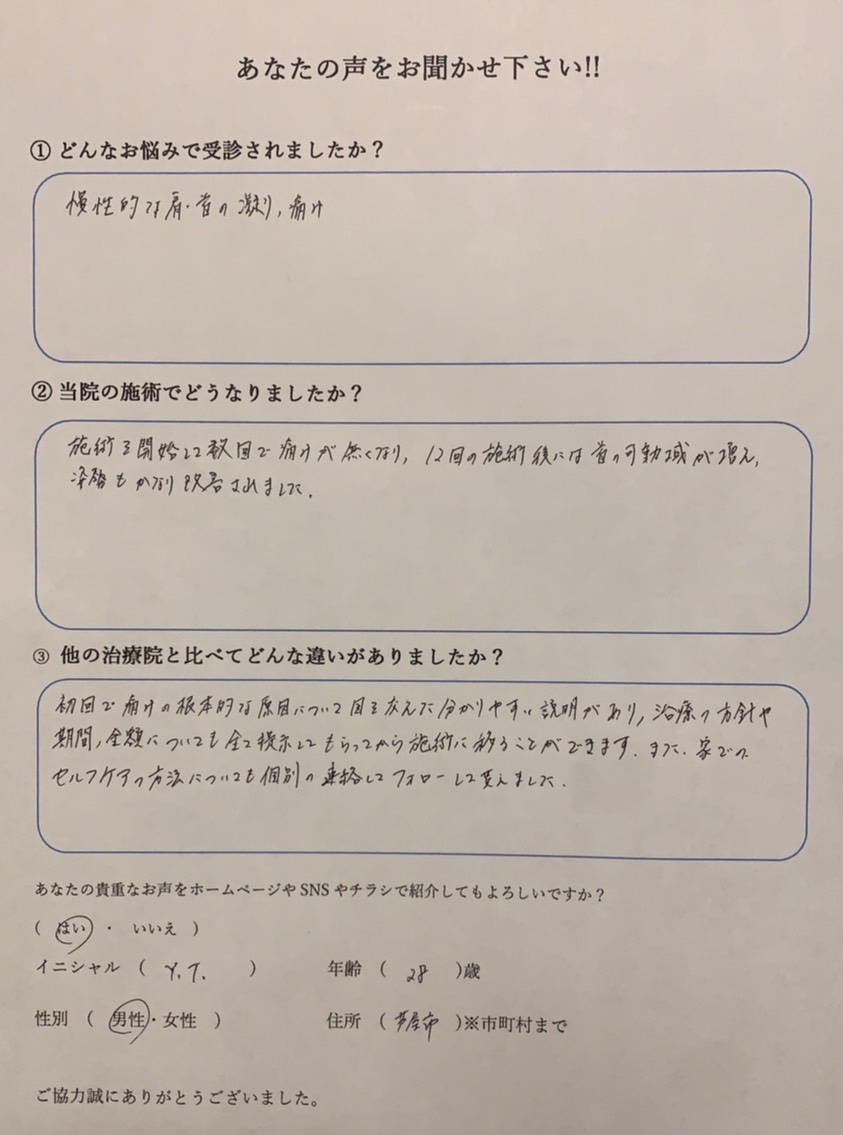 肩と首のこり・痛み　20代　芦屋市　男性
