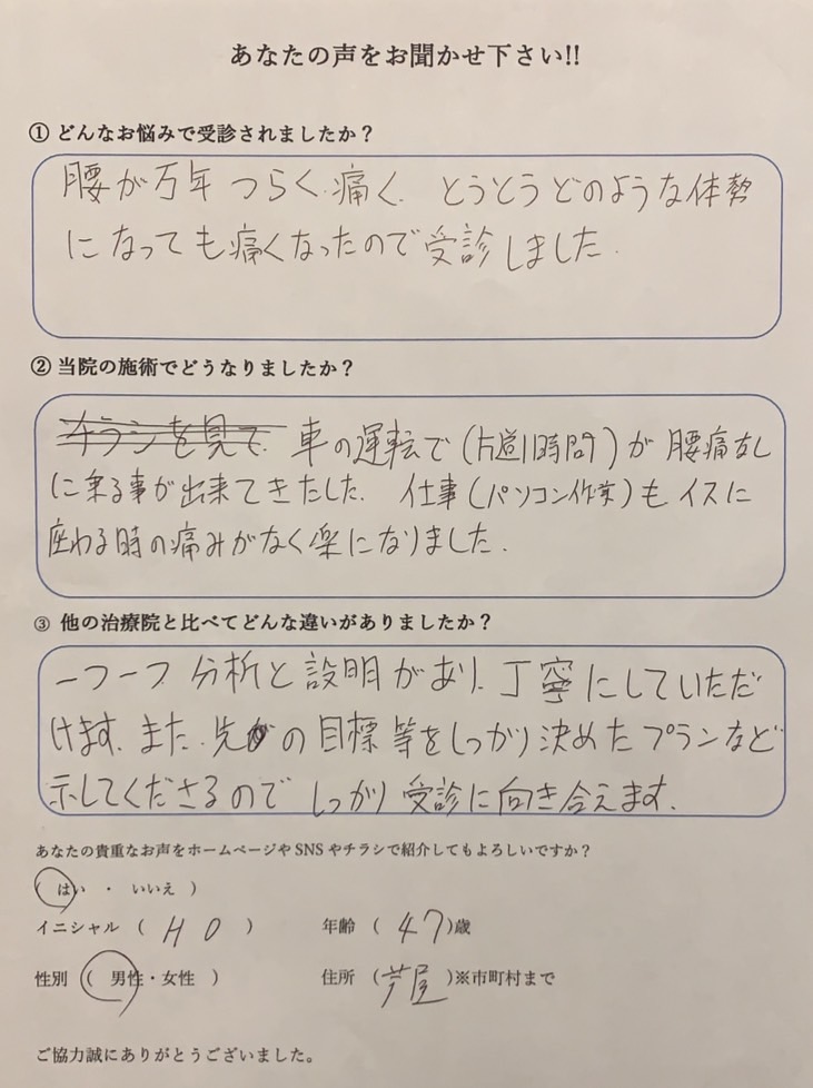 腰のつらい痛み　40代　芦屋市　男性