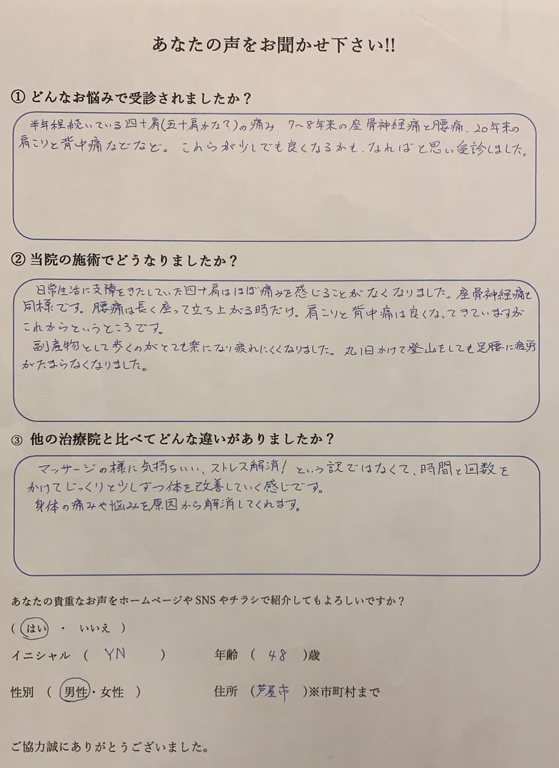 肩・腰・背中の痛みと坐骨神経痛　40代　芦屋市　男性